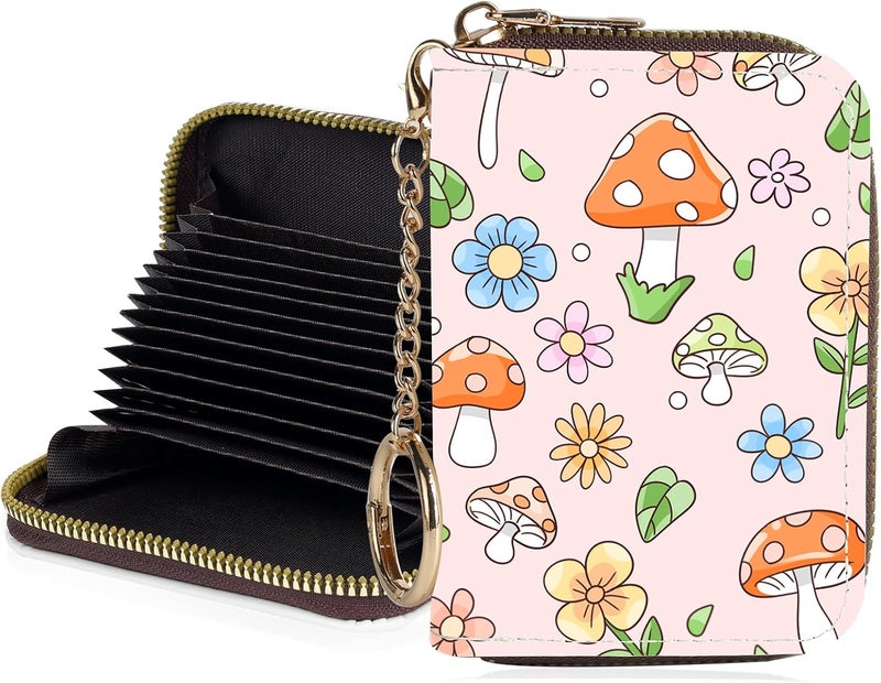 Luoycxy Credit Card Holder for Women,Small Rfid Wallet with Keychain Zipper,Cute PU Leather Card Case Wallet，Accordion Credit Card Wallets Gift,Little Mushroom - Image 1